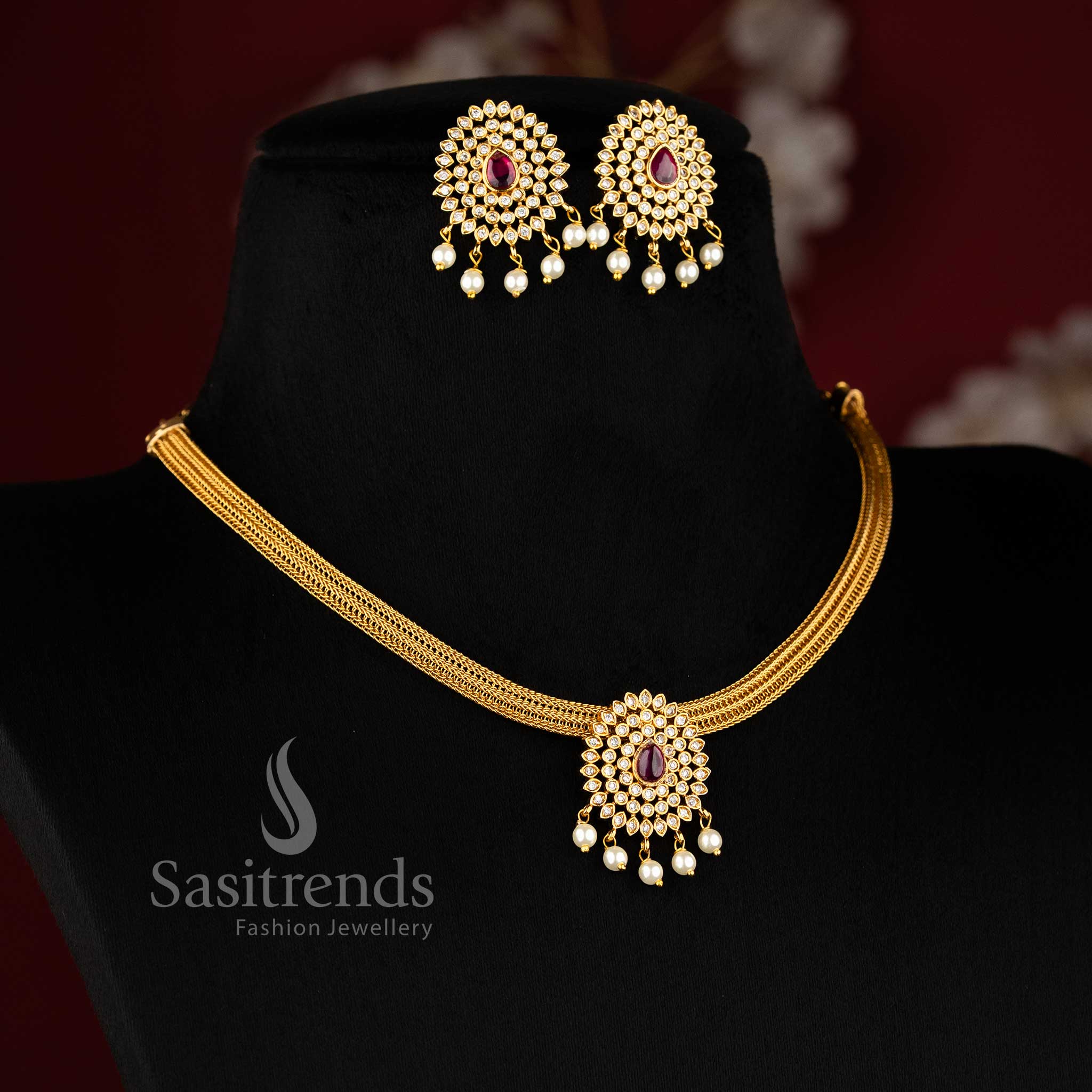 Graceful matte gold plated temple choker with white and ruby floral motifs, designed for wedding wear and rich ethnic styling – Sasitrends