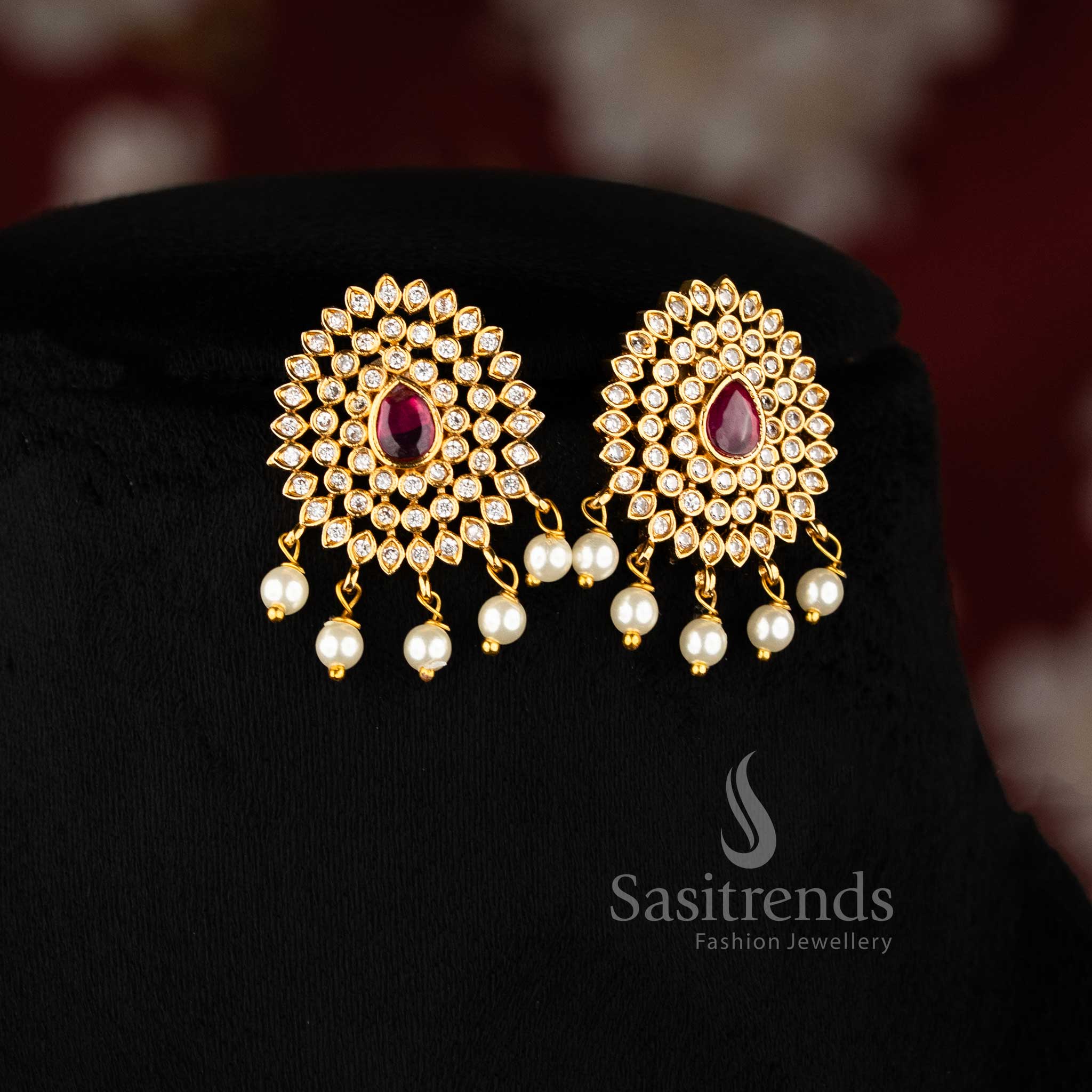 Graceful matte gold plated temple choker with white and ruby floral motifs, designed for wedding wear and rich ethnic styling – Sasitrends