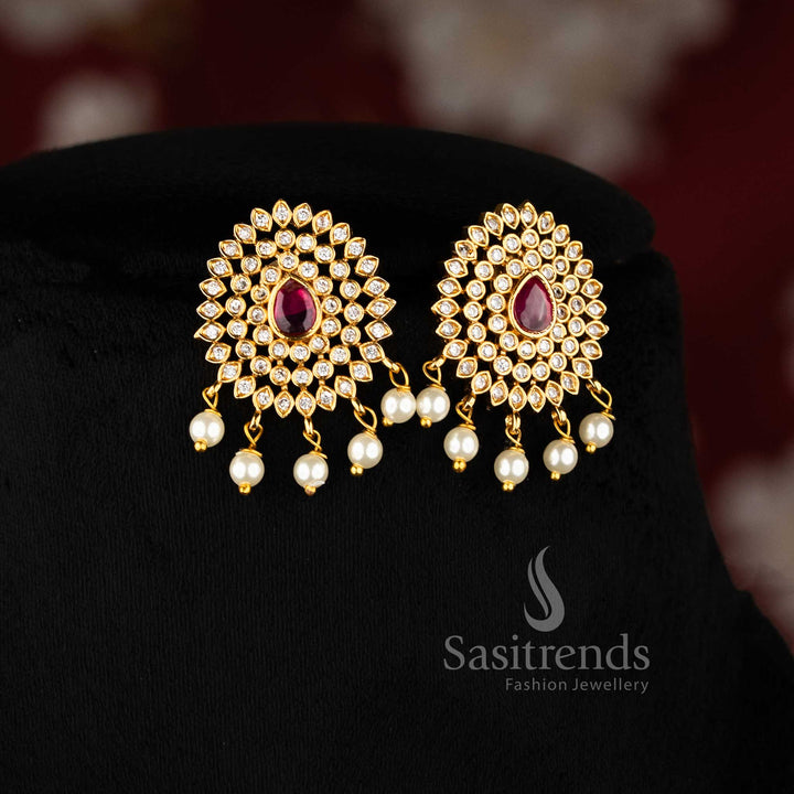 Graceful matte gold plated temple choker with white and ruby floral motifs, designed for wedding wear and rich ethnic styling – Sasitrends
