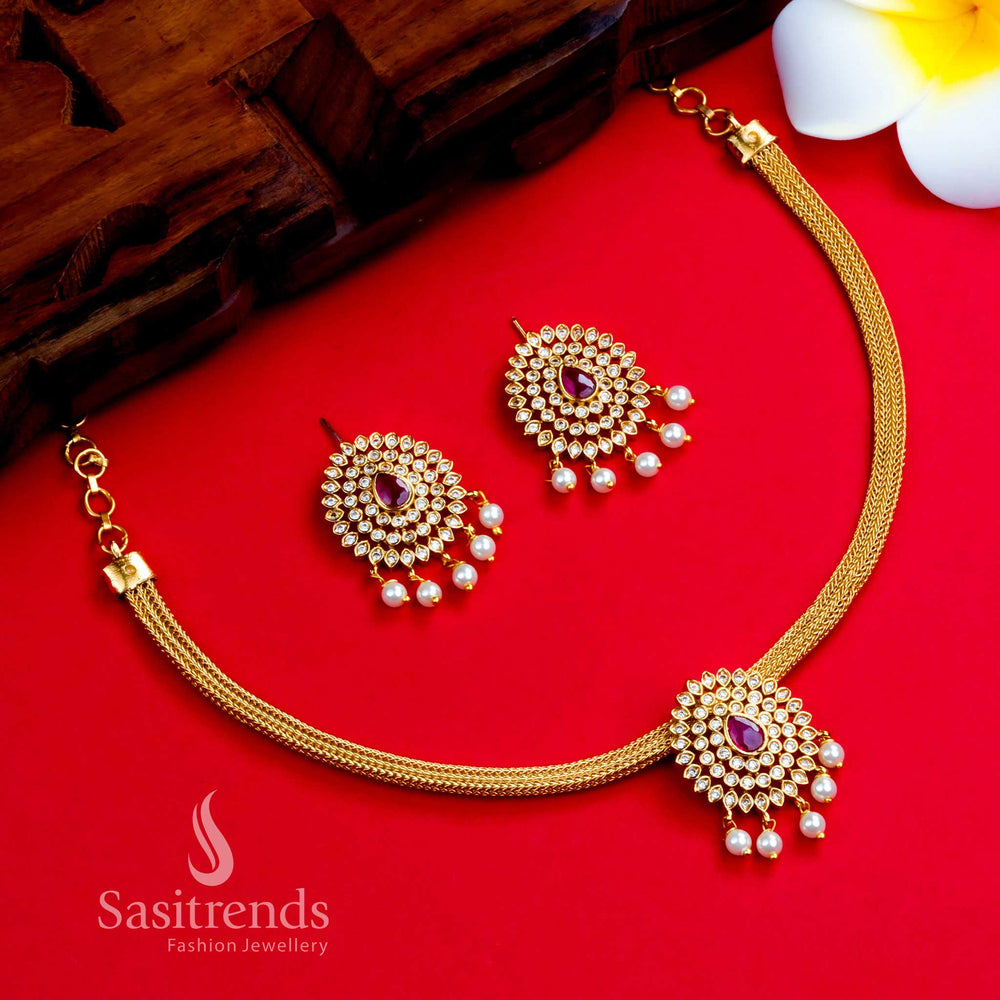 Graceful matte gold plated temple choker with white and ruby floral motifs, designed for wedding wear and rich ethnic styling – Sasitrends