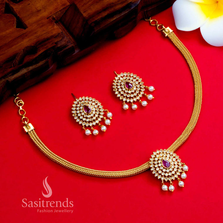 Graceful matte gold plated temple choker with white and ruby floral motifs, designed for wedding wear and rich ethnic styling – Sasitrends