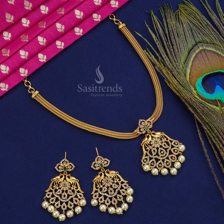 New temple Attigai matte gold tone jewellery set with sparkling CZ stone accents – classic South Indian short necklace perfect for traditional ethnic look and festive charm – Sasitrends