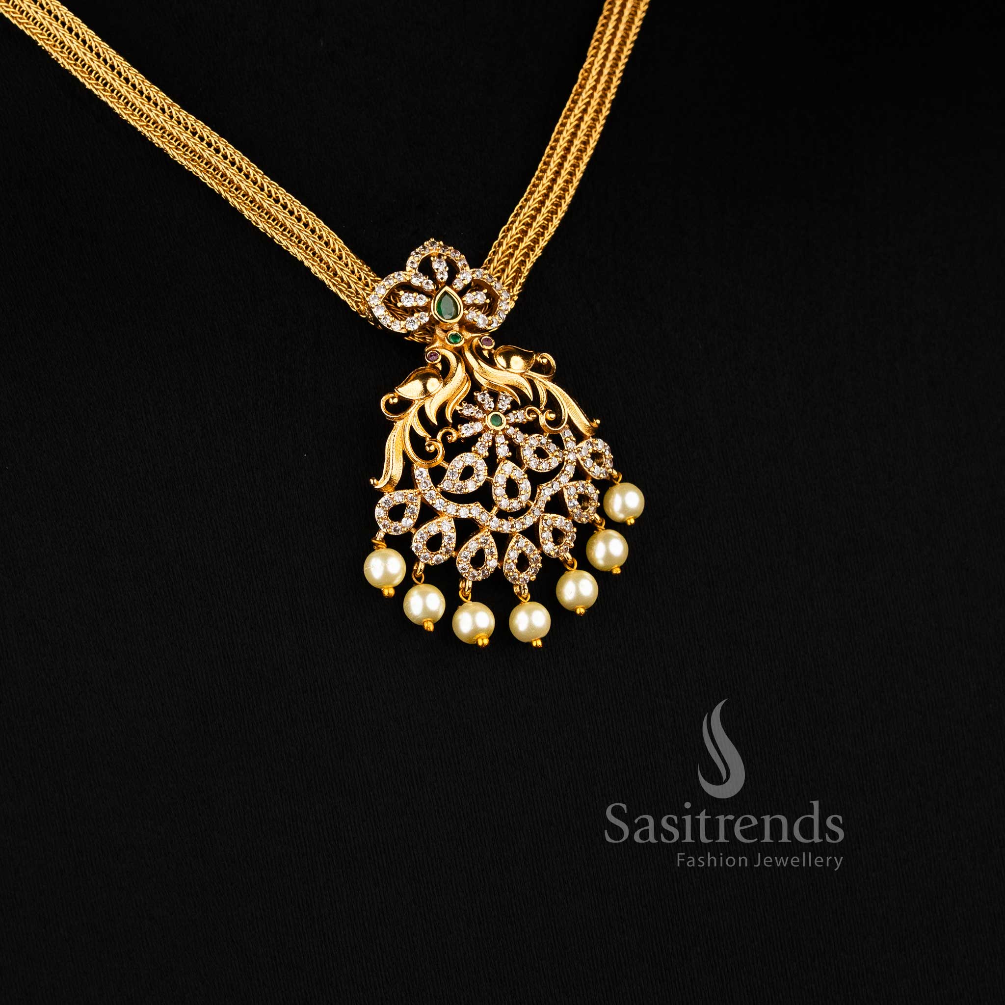 Temple Attigai matte gold tone jewellery set with sparkling CZ stone accents  – Sasitrends