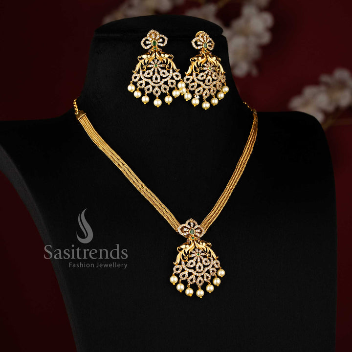 New Temple Attigai Matte Gold Tone Necklace Jewellery Set, CZ Accents | Sasitrends