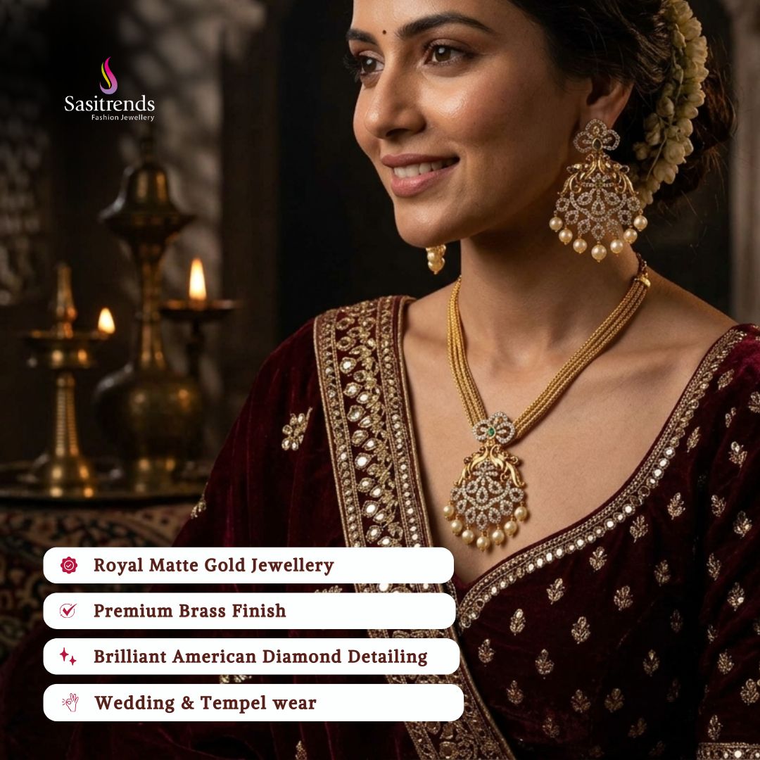 Premium Matte gold plated american diamond necklace set model image - Sasitrends