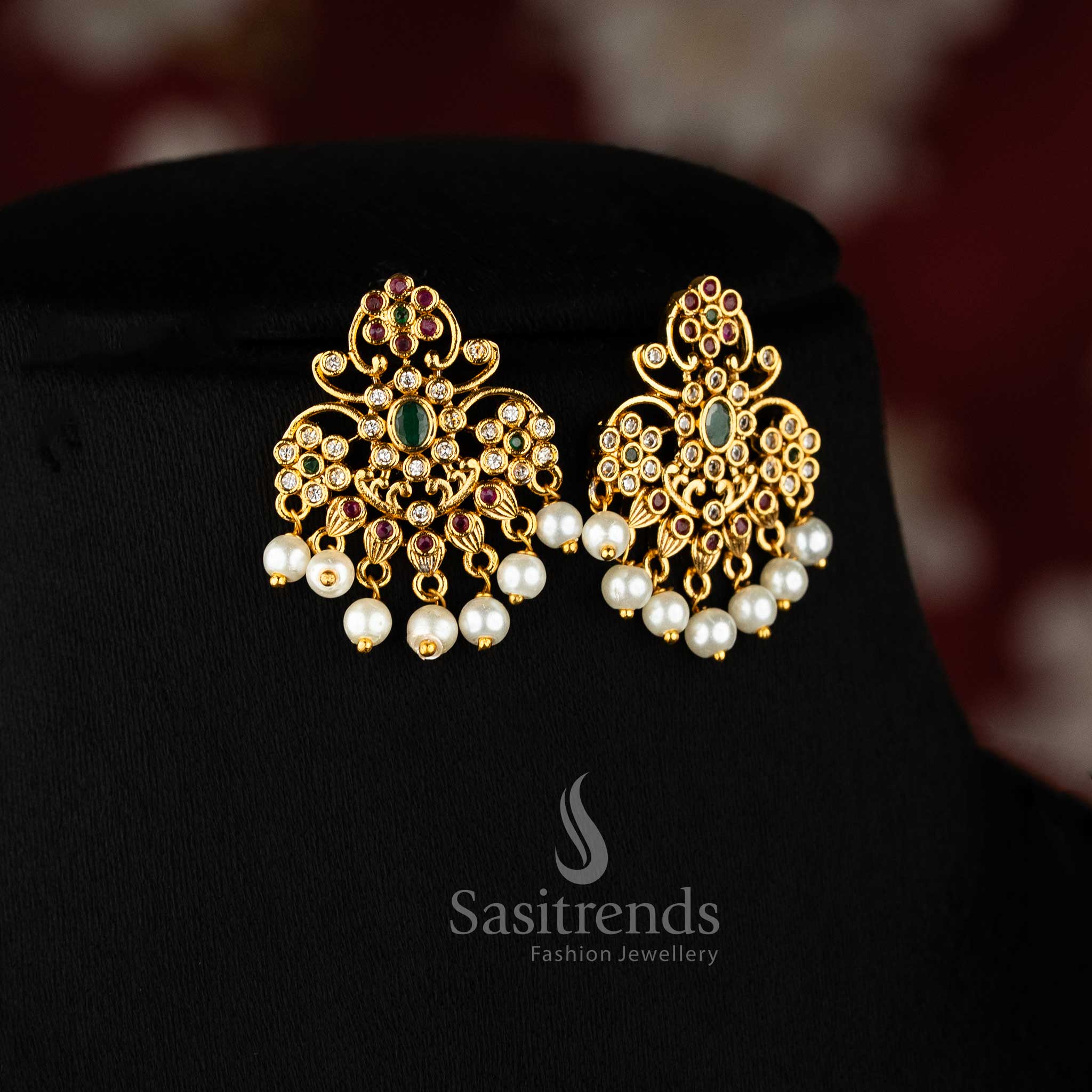 Fashionable multicolour temple matte gold floral pendant jewellery set with pearl bead drops and sparkling AD stones – Sasitrends