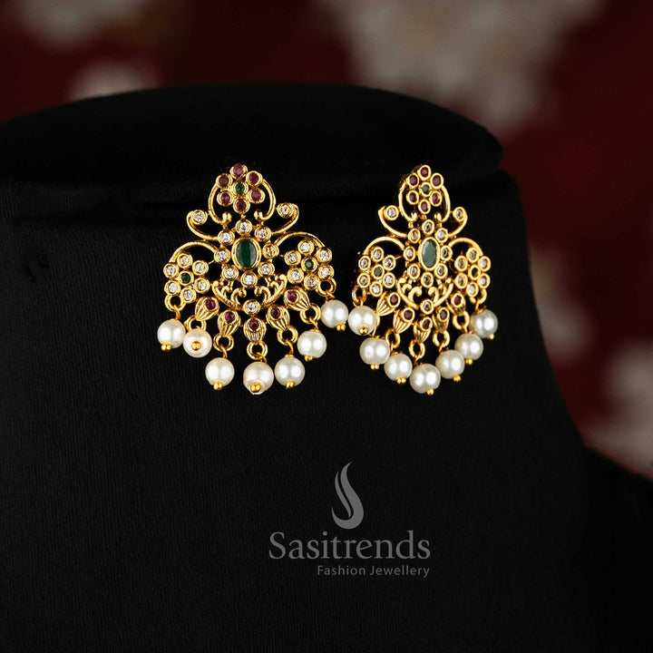 Fashionable multicolour temple matte gold floral pendant jewellery set with pearl bead drops and sparkling AD stones – Sasitrends