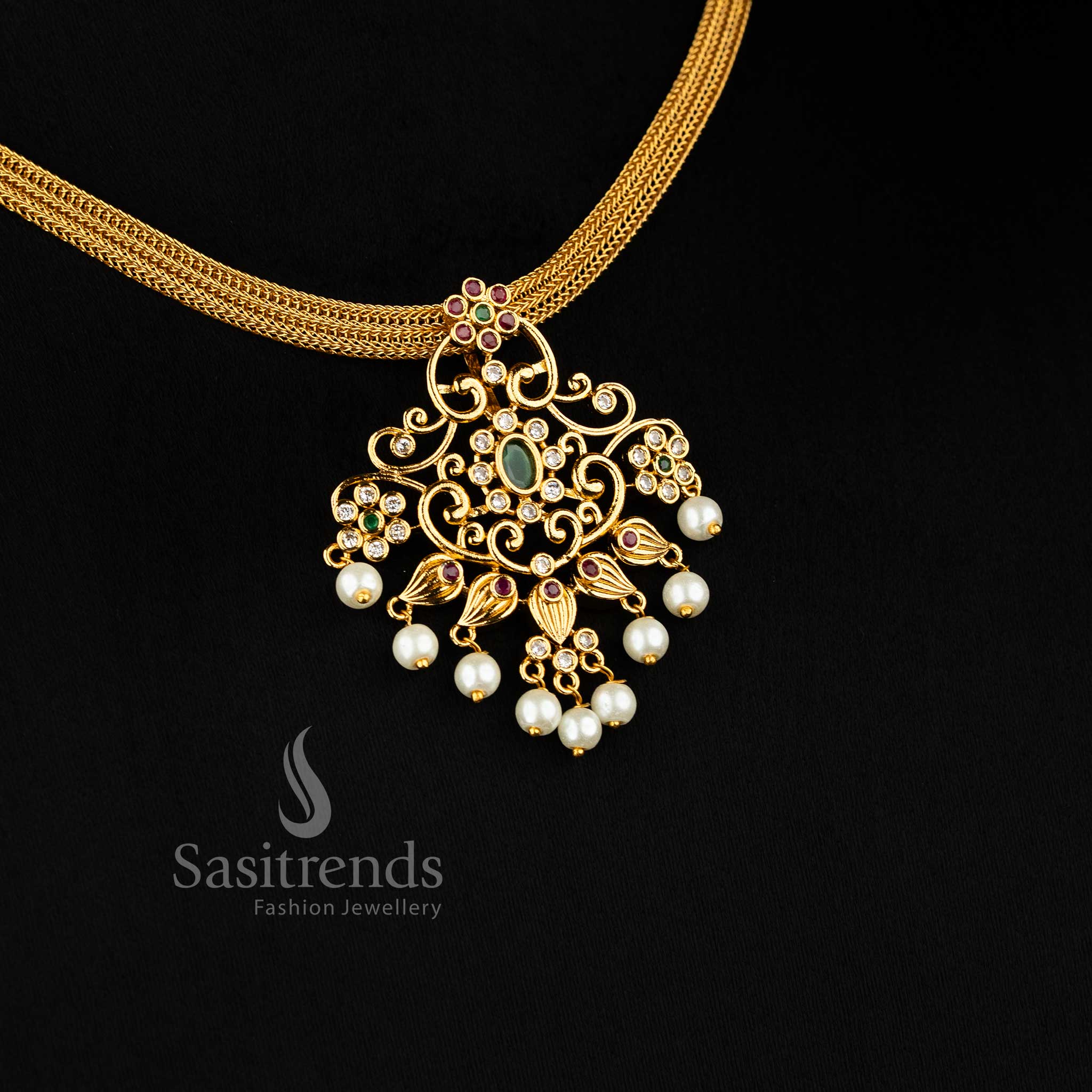 Multicolour temple matte gold floral pendant jewellery set with pearl bead drops and sparkling AD stones – vibrant ethnic elegance designed for women who love festive flair – Sasitrends
