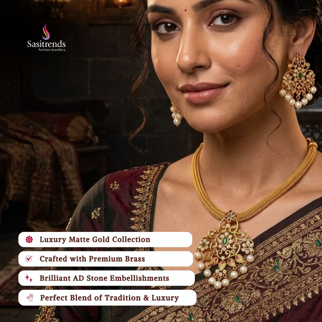 Premium Matte gold plated american diamond necklace set model image - Sasitrends