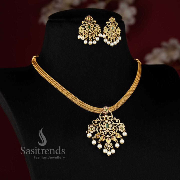 Fashionable Multicolor Temple Matte Gold Tone Floral Pendant Necklace Jewellery Set with Pearl Bead Drops and AD | Sasitrends