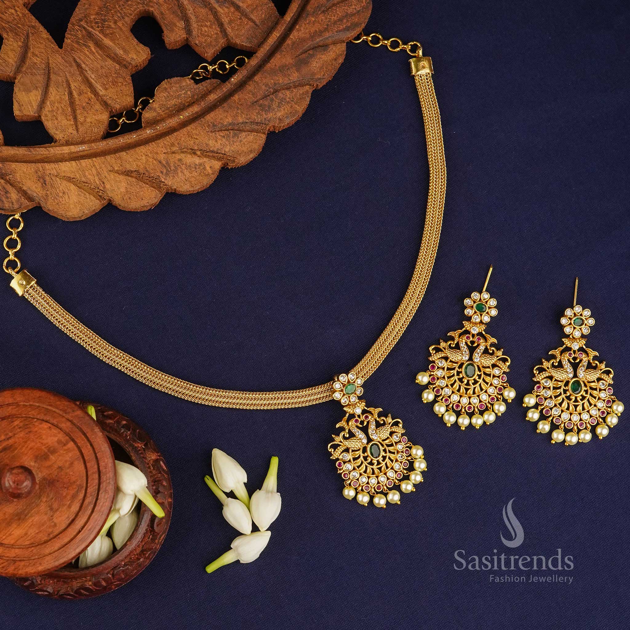 Vibrant Multi Stone Temple Matte Gold Peacock Pendant Jewellery Set With Jhumkas And Festive Flair – A Colourful Expression Of Traditional Beauty With Radiant Tones And Iconic Temple Motifs – Sasitrends

