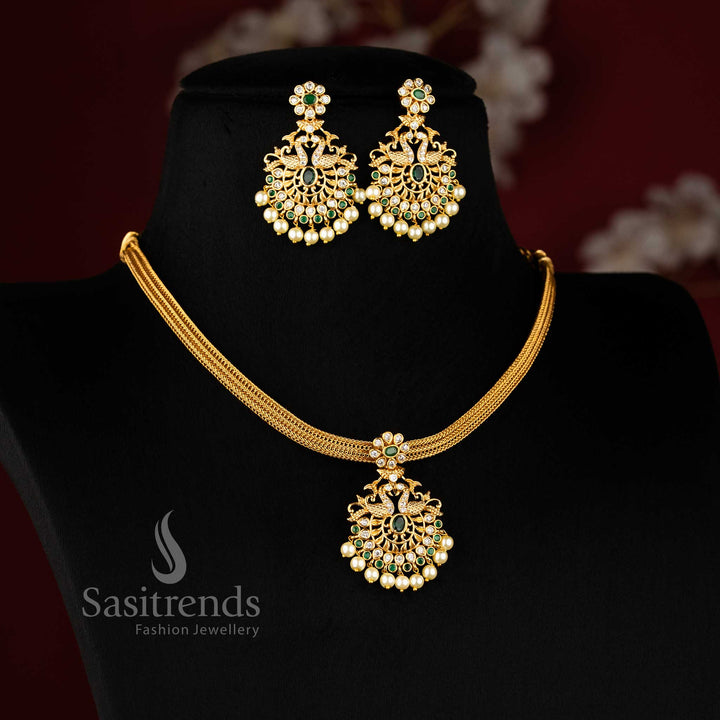 Divine White Green Stone Temple Gold Peacock Pendant Jewellery Set With Matte Finish And Cultural Flair  – Sasitrends