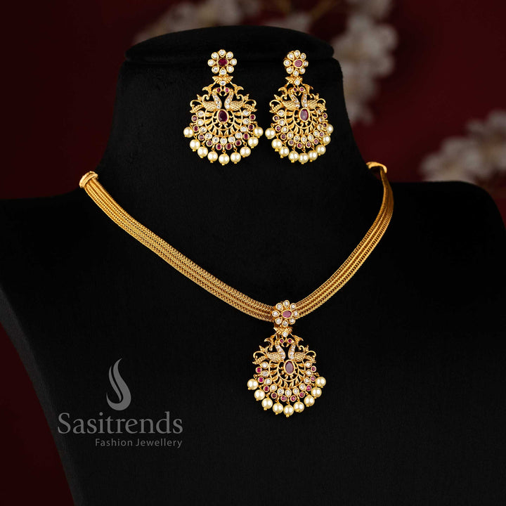 Latest Peacock Pendant Necklace Jewellery Set - Temple Matte Gold Plated | Sasitrends