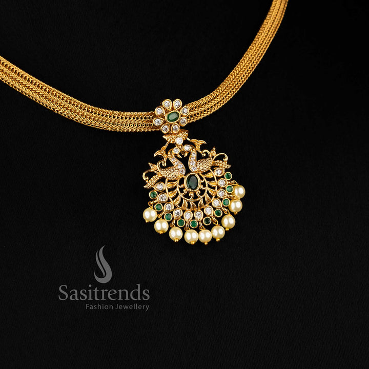 Divine White Green Stone Temple Gold Peacock Pendant Jewellery Set With Matte Finish And Cultural Flair  – Sasitrends