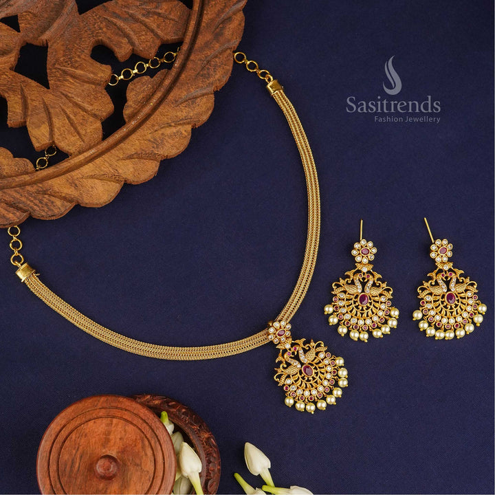 Latest Peacock Pendant Jewellery Set - Temple Matte Gold Plated | Sasitrends