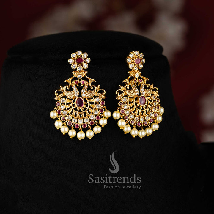 White Ruby Stone Temple Gold Peacock Pendant Jewellery Set With Matte Finish And Cultural Flair  – Sasitrends