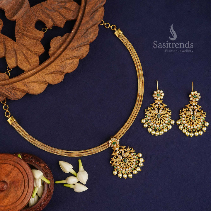 Elegant White Green Temple Matte Gold Plated Peacock Pendant Jewellery Set With Adjustable Chain And Traditional Earrings – A Soothing Blend Of Green And White Tones With Artistic Peacock Design For Festive Occasions – Sasitrends