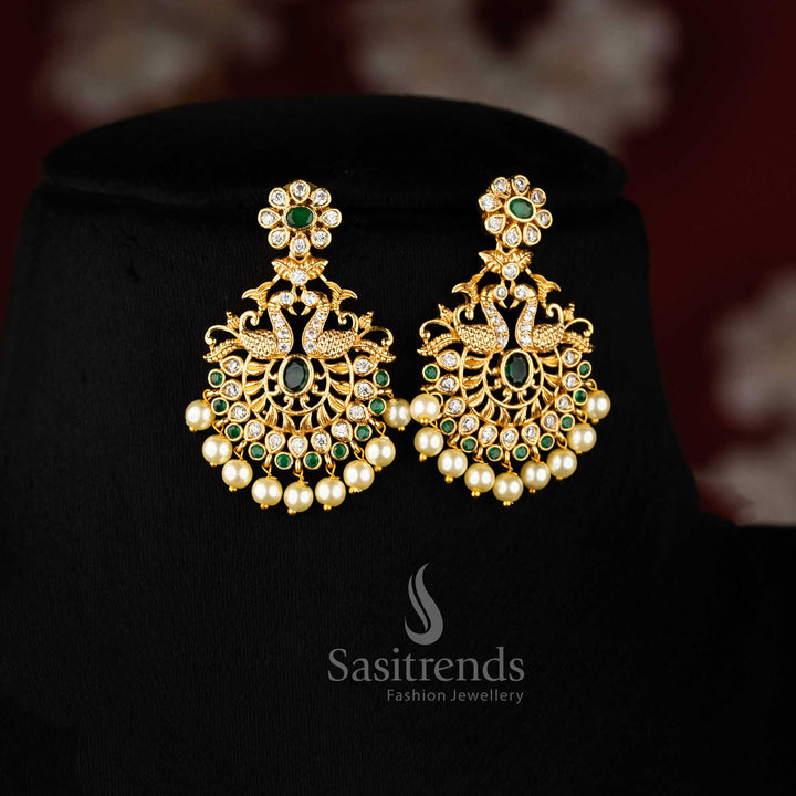 Elegant White Green Stone Temple Gold Peacock Pendant Jewellery Set With Matte Finish And Cultural Flair  – Sasitrends