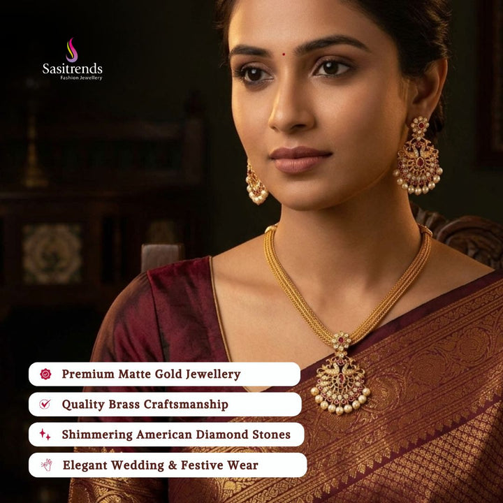 Premium Matte gold plated american diamond necklace set model image - Sasitrends