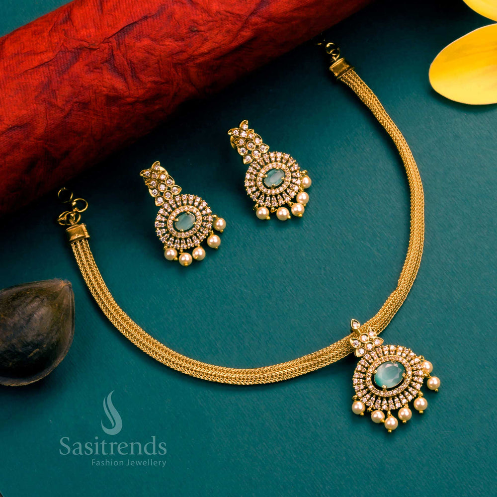 Stylish mint-coloured temple jewellery choker with micro floral detailing and ornate pendant – ideal for festivals and gatherings – Sasitrends