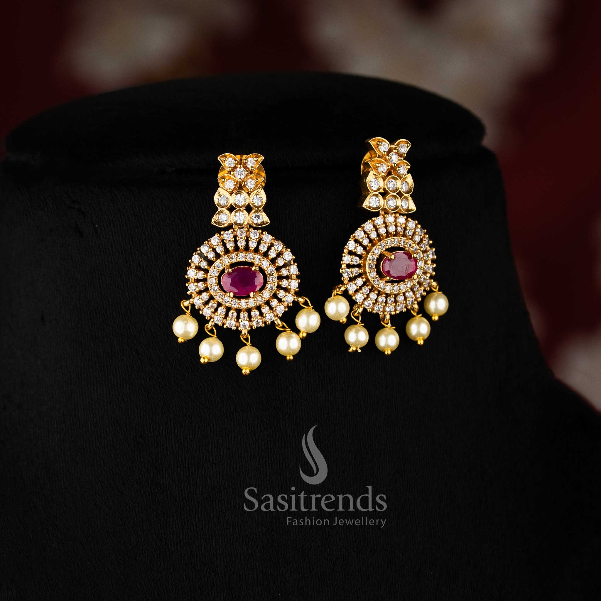 Striking ruby choker in temple matte gold plating, featuring a floral pendant and matching earrings for wedding and ethnic looks – Sasitrends