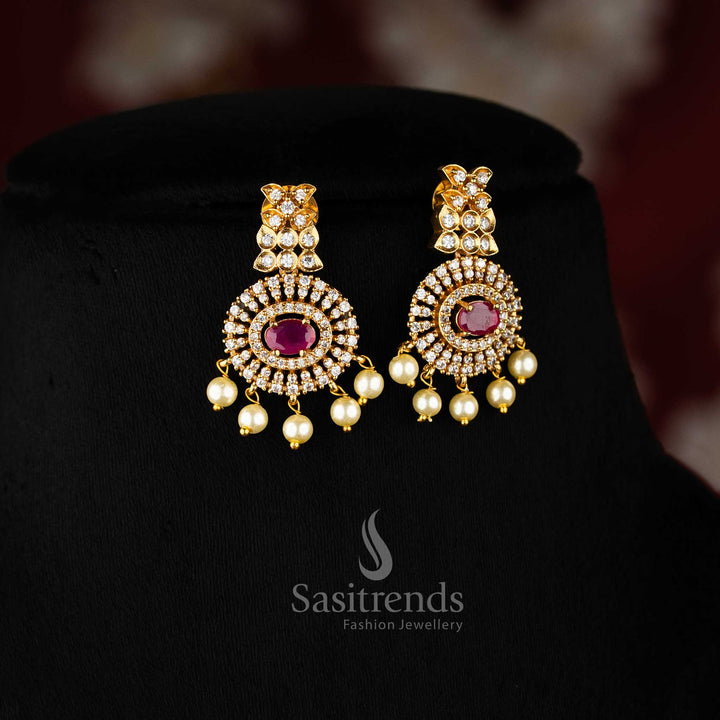 Striking ruby choker in temple matte gold plating, featuring a floral pendant and matching earrings for wedding and ethnic looks – Sasitrends