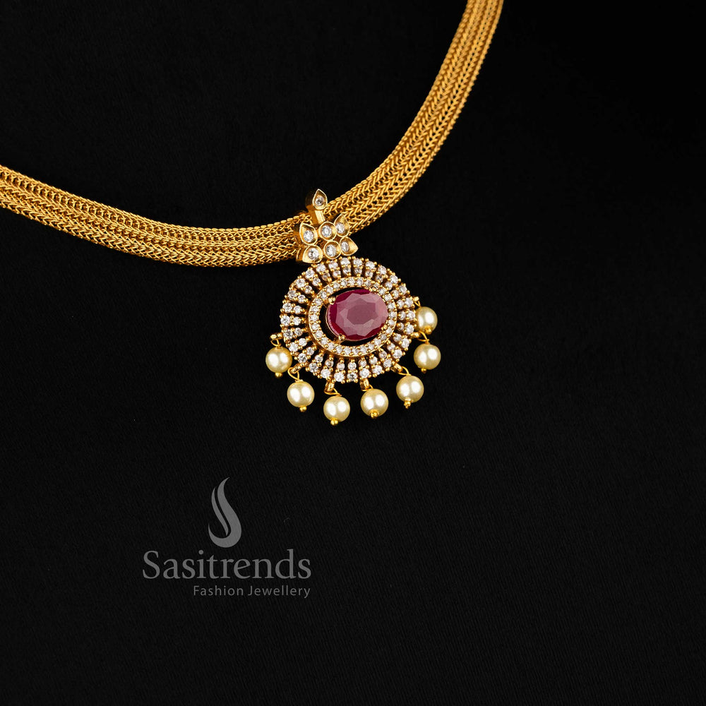 Striking ruby choker in temple matte gold plating, featuring a floral pendant and matching earrings for wedding and ethnic looks – Sasitrends