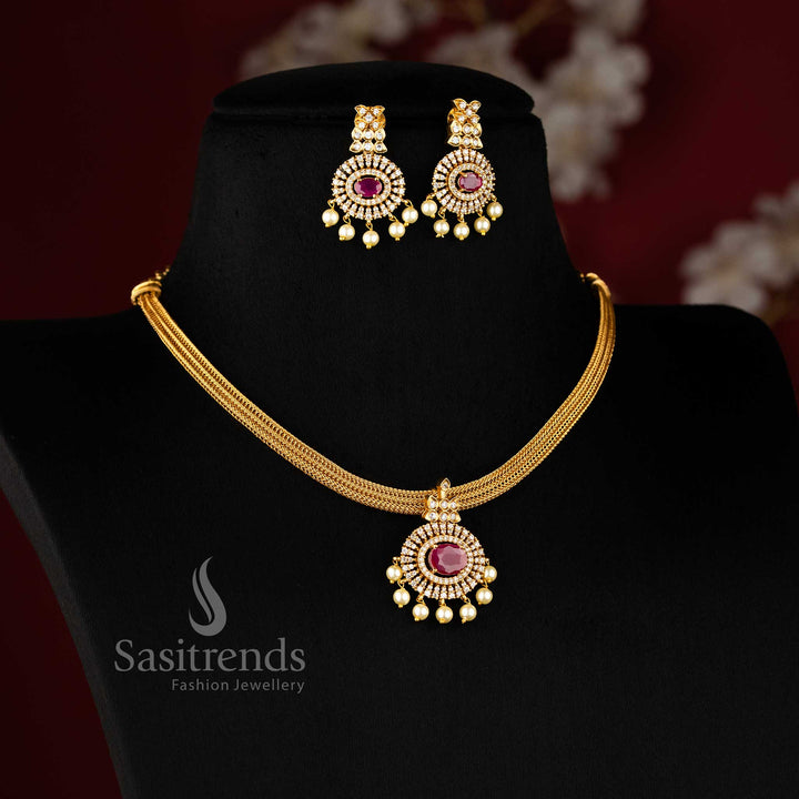 Striking ruby choker in temple matte gold plating, featuring a floral pendant and matching earrings for wedding and ethnic looks – Sasitrends