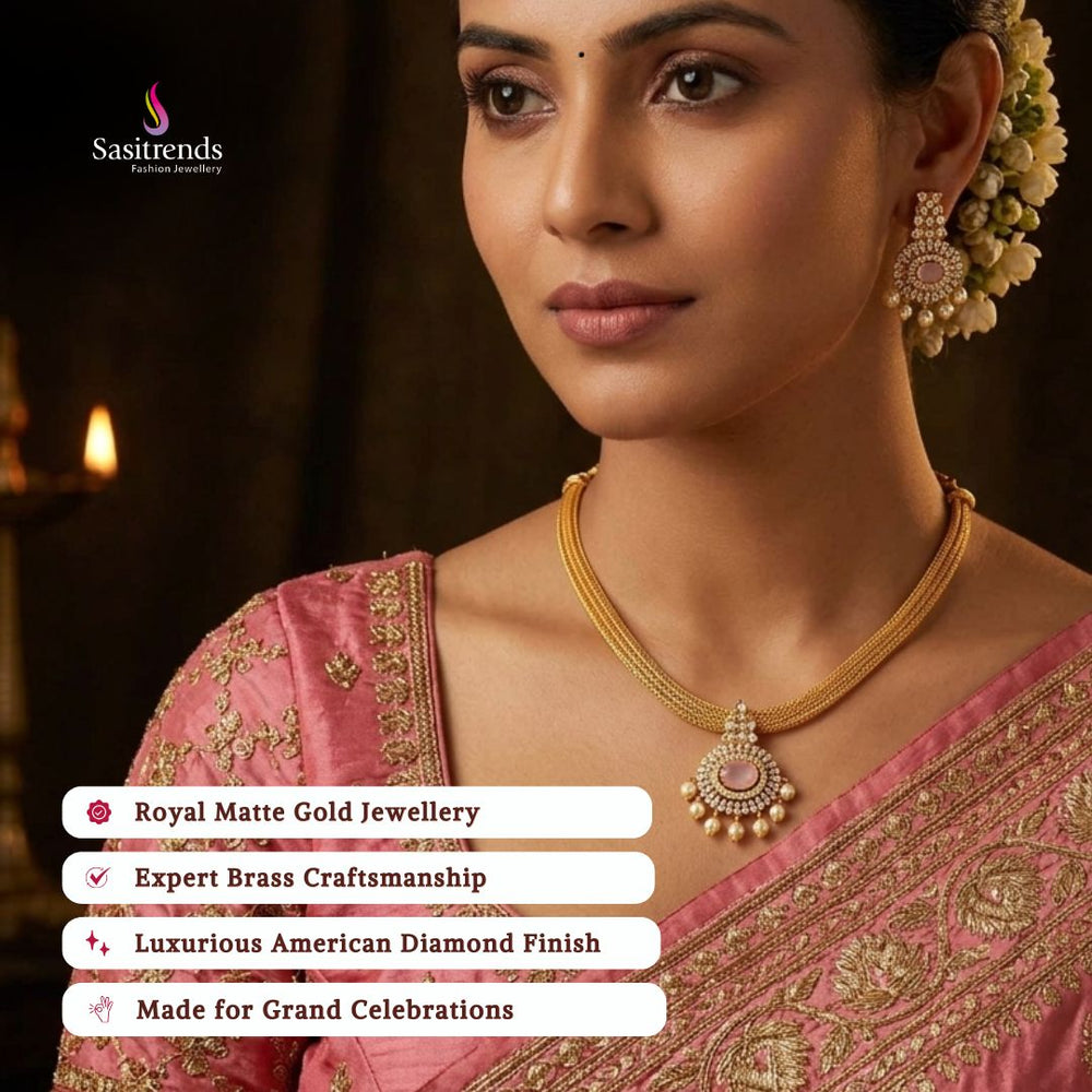 Premium Matte gold plated american diamond necklace set model image - Sasitrends