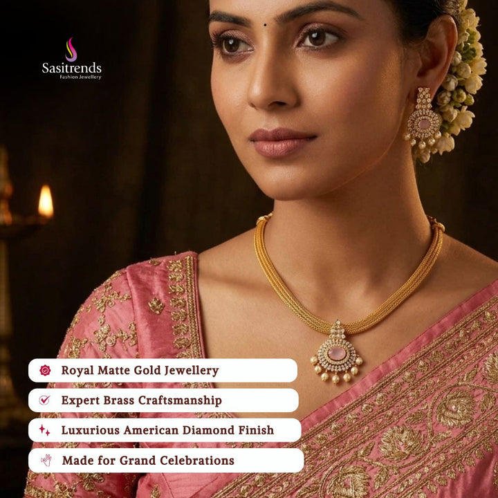 Premium Matte gold plated american diamond necklace set model image - Sasitrends