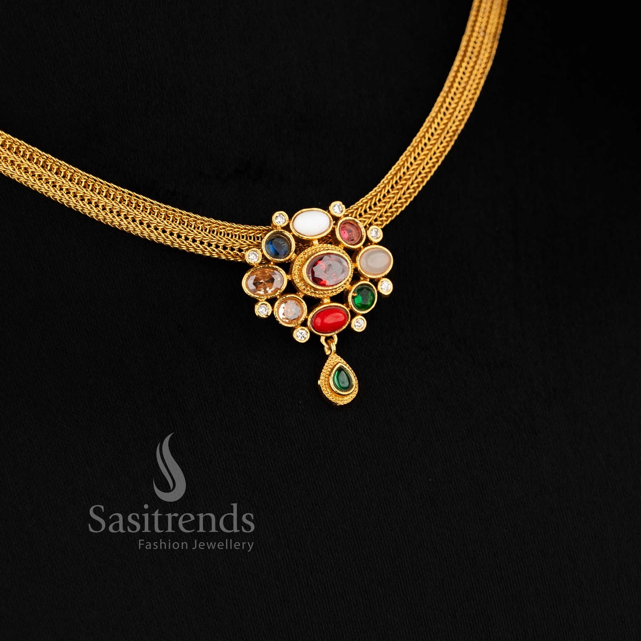 Traditional Matte Gold Navrathna Choker Set with Earrings - Festive Wear Jewelry Online - Sasitrends