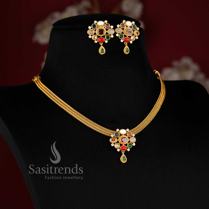 Temple Matte Gold Plated Navrathna Choker Necklace Jewellery Set with Floral Pendant - Traditional Festive Wear