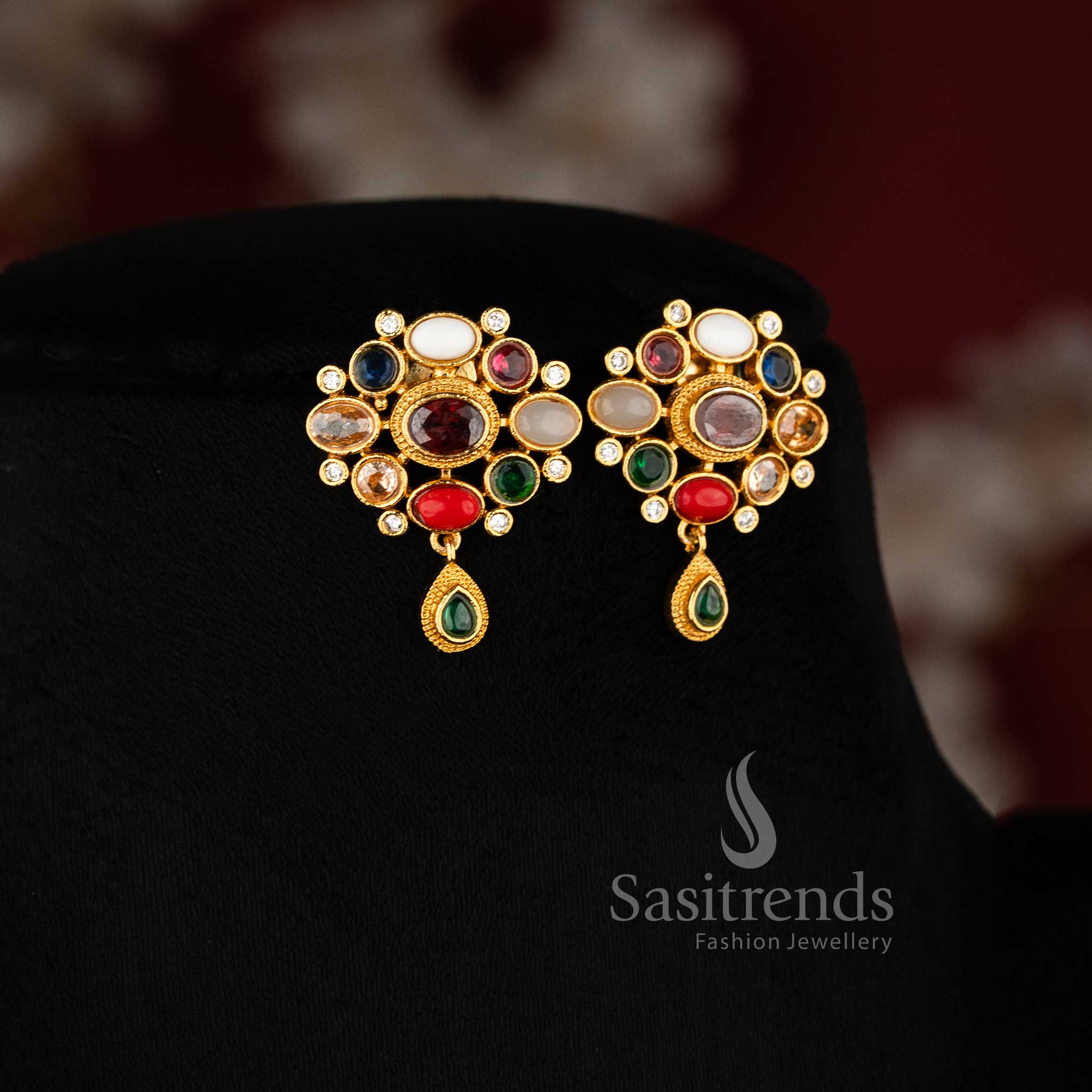Traditional Matte Gold Navrathna Choker Set with Earrings - Festive Wear Jewelry Online - Sasitrends