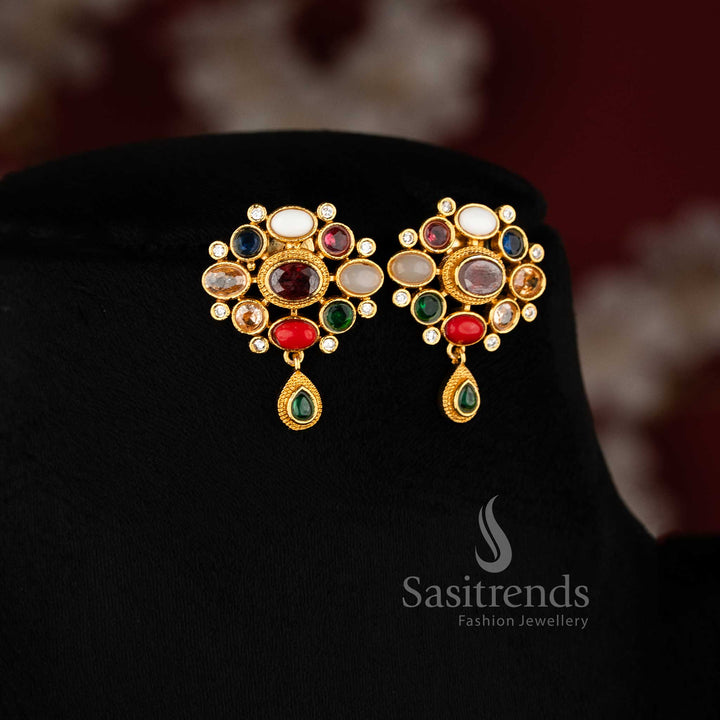 Traditional Matte Gold Navrathna Choker Set with Earrings - Festive Wear Jewelry Online - Sasitrends