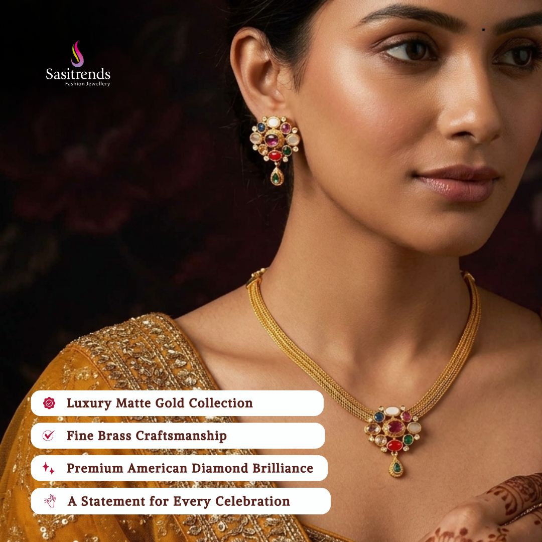 Premium Matte gold plated american diamond necklace set model image - Sasitrends