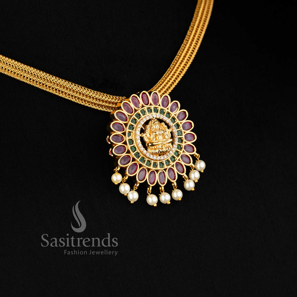 Traditional Goddess Lakshmi Choker Set with Matte Gold Pendant and Pearl Earrings - Sasitrends 
