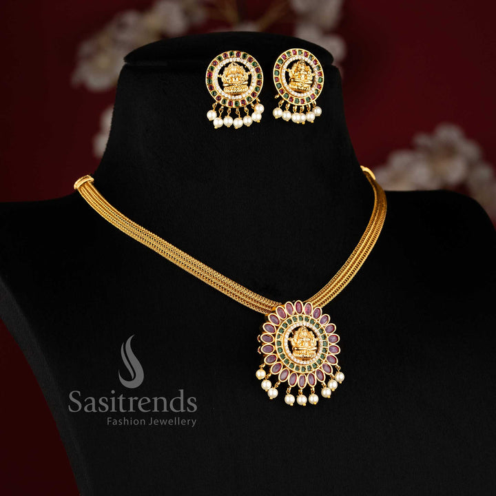 Traditional Goddess Lakshmi Choker Set with Matte Gold Pendant and Pearl Earrings - Sasitrends 