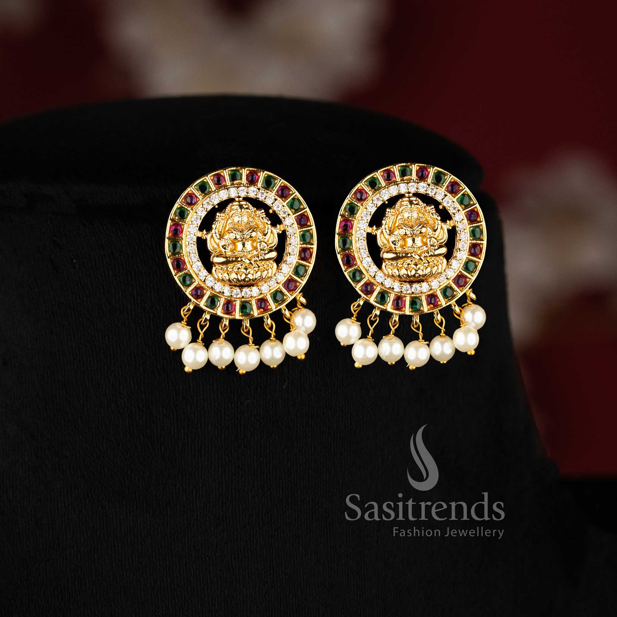 Traditional Goddess Lakshmi Choker Set with Matte Gold Pendant and Pearl Earrings - Sasitrends 