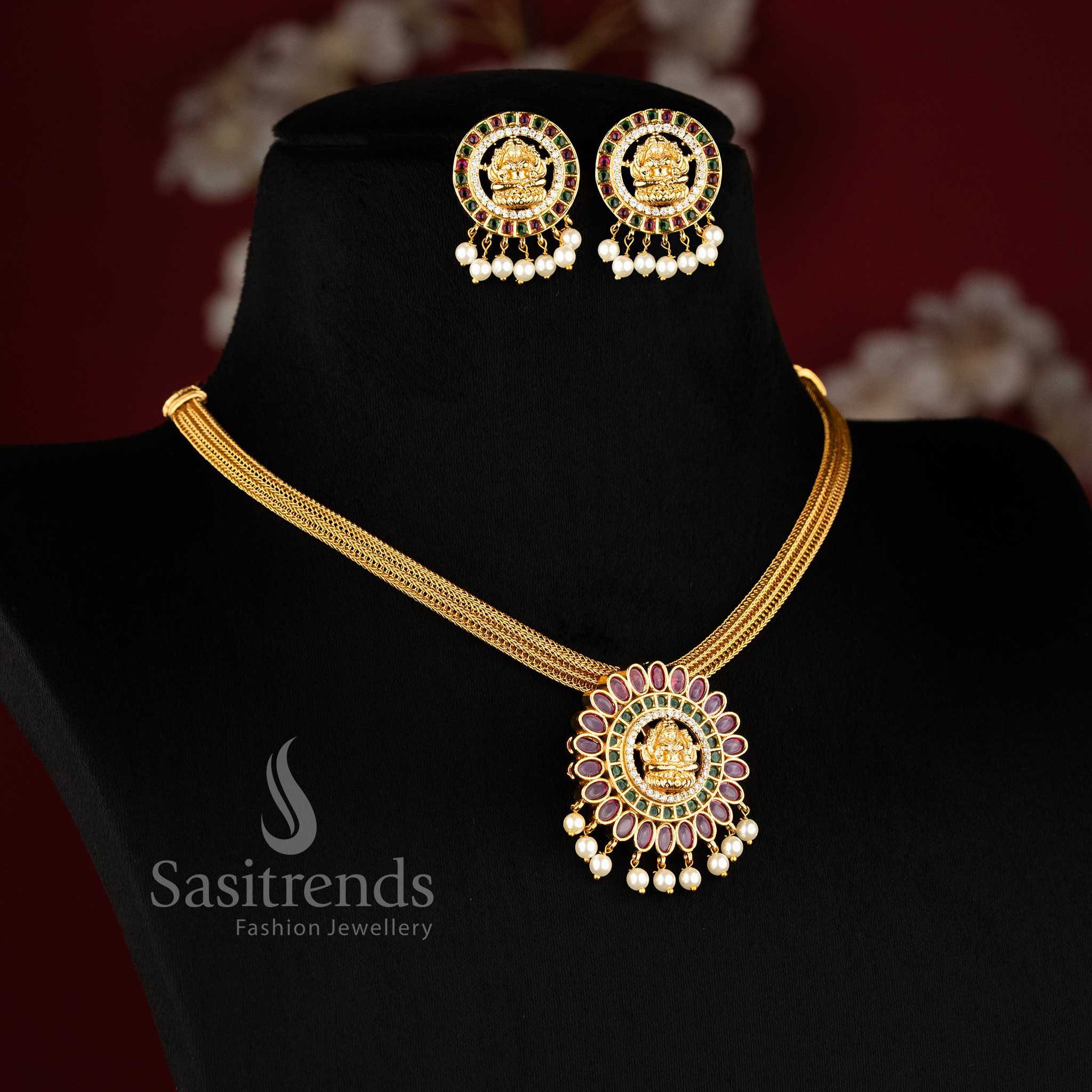 Traditional Goddess Lakshmi Choker Set with Matte Gold Pendant and Pearl Earrings - Sasitrends 