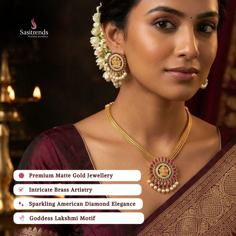 Premium Matte gold plated american diamond necklace set model image - Sasitrends