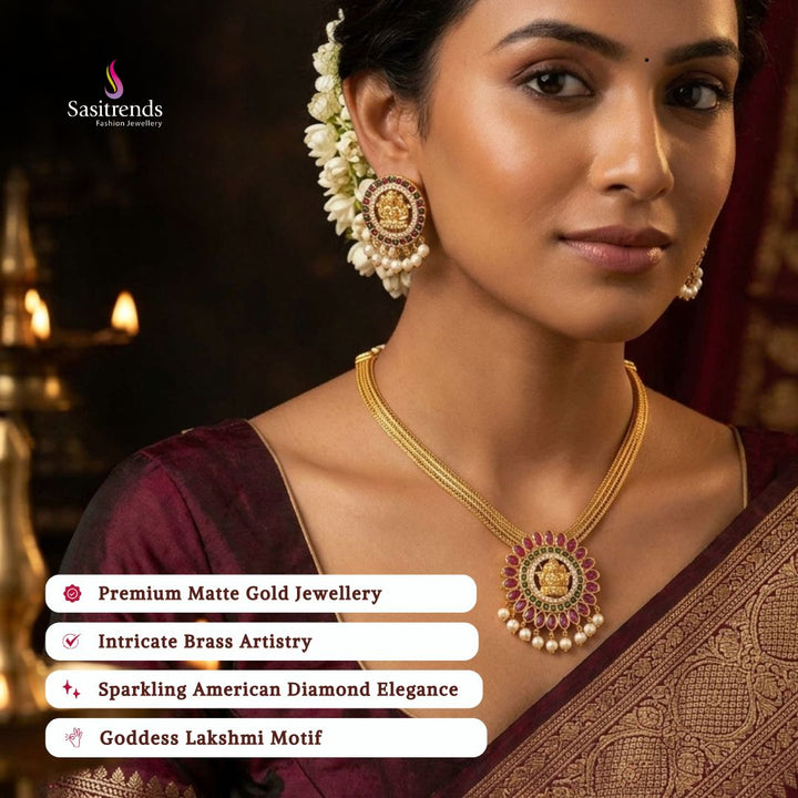 Premium Matte gold plated american diamond necklace set model image - Sasitrends