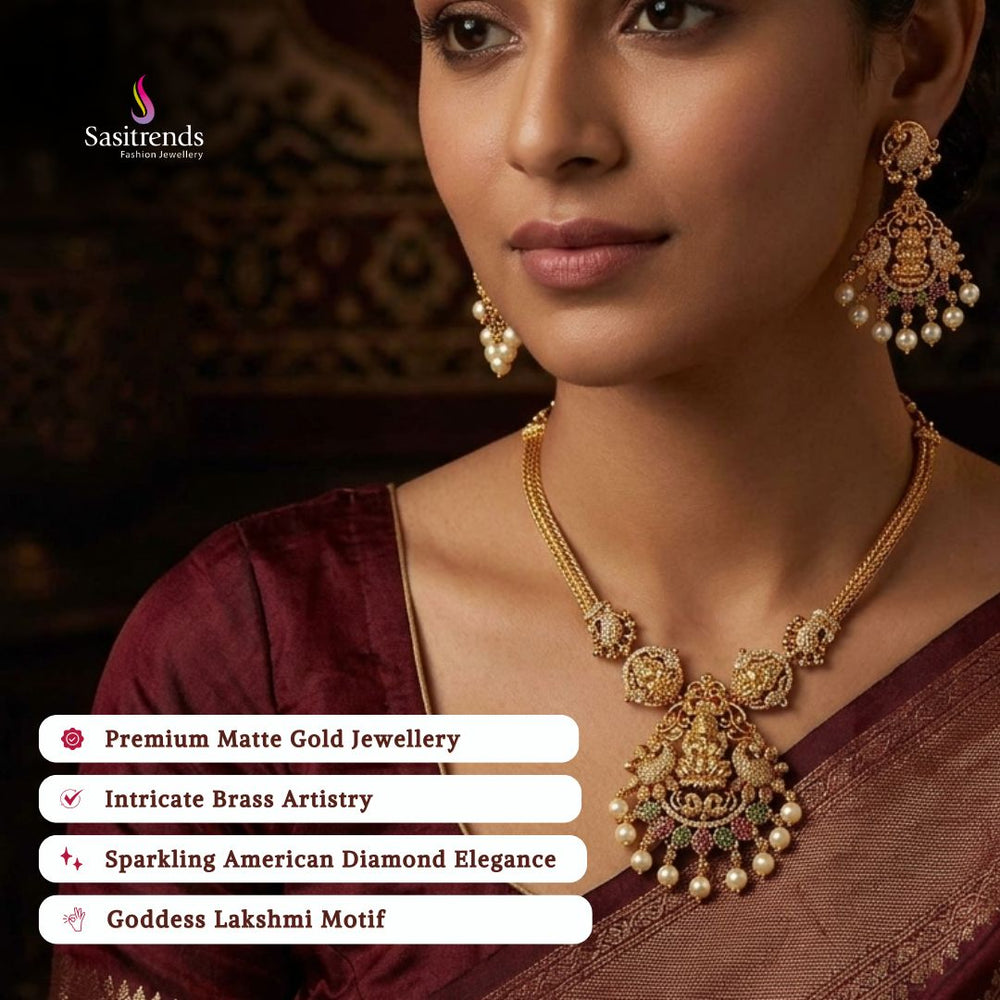 Premium Matte gold plated american diamond necklace set model image - Sasitrends
