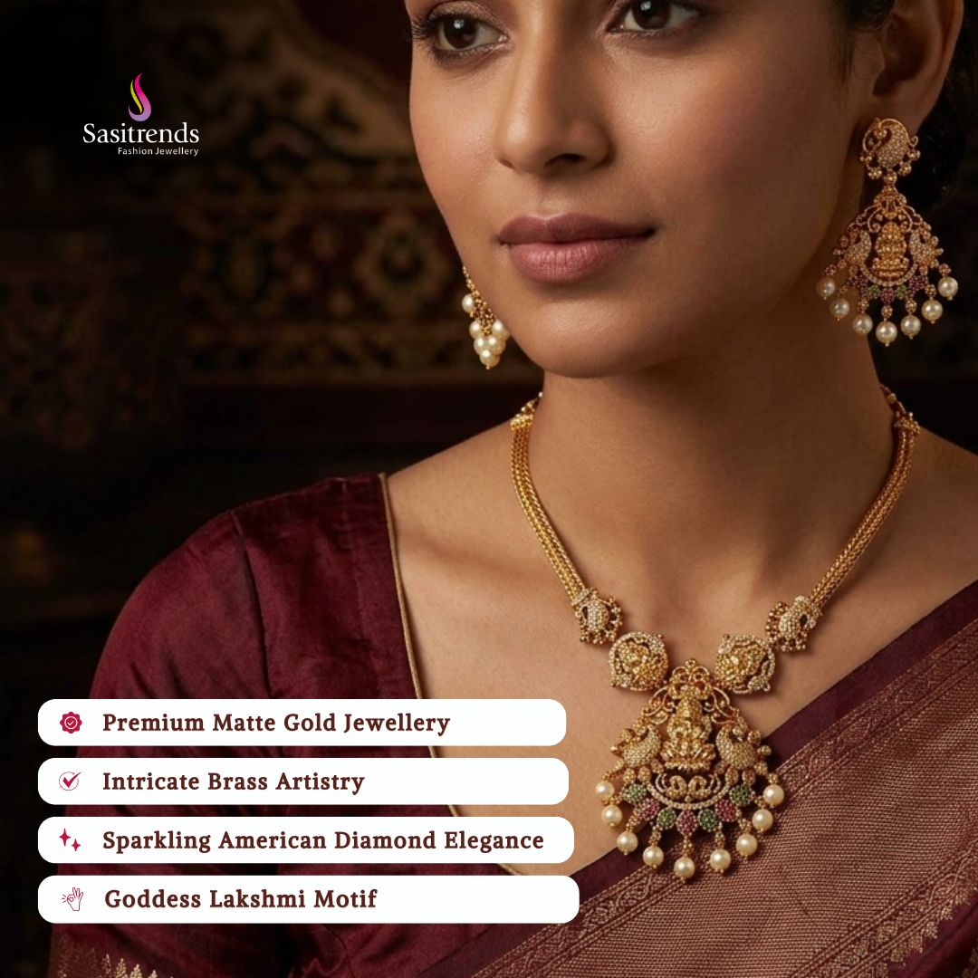 Premium Matte gold plated american diamond necklace set model image - Sasitrends