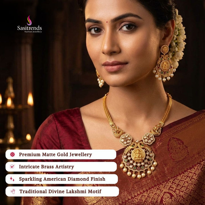 Premium Matte gold plated american diamond necklace set model image - Sasitrends