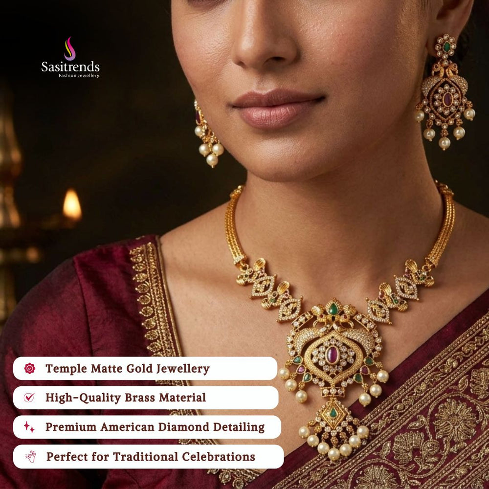 Premium Matte gold plated american diamond necklace set model image - Sasitrends