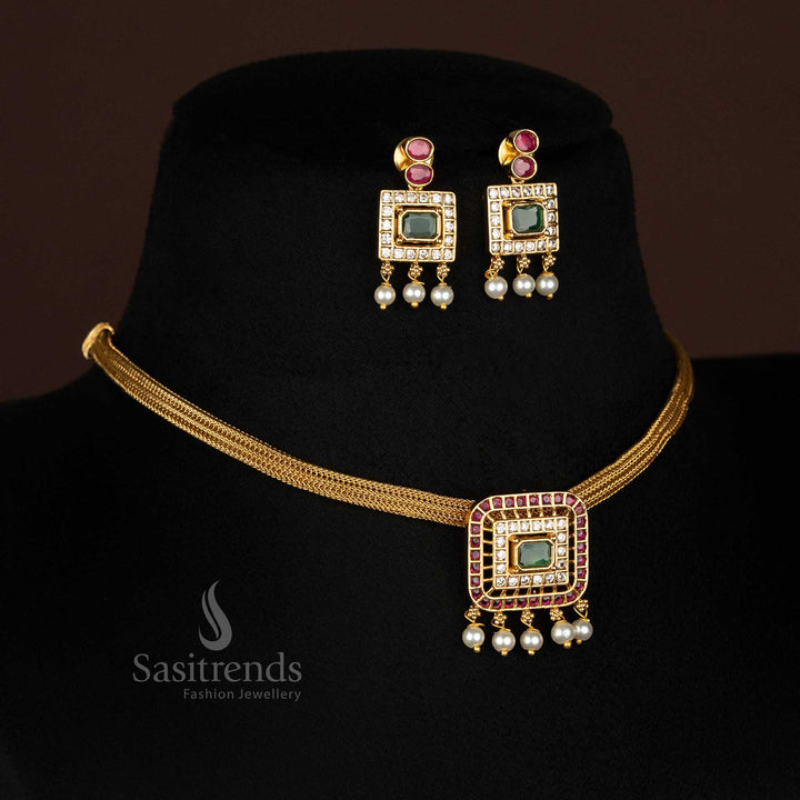 Grand Temple Matte Gold Plated Square Shaped AD Pendant Choker Set with Pearls - Bridal & Temple Wear - Sasitrends