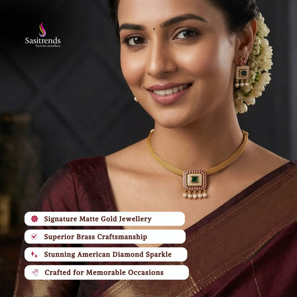 Premium Matte gold plated american diamond necklace set model image - Sasitrends