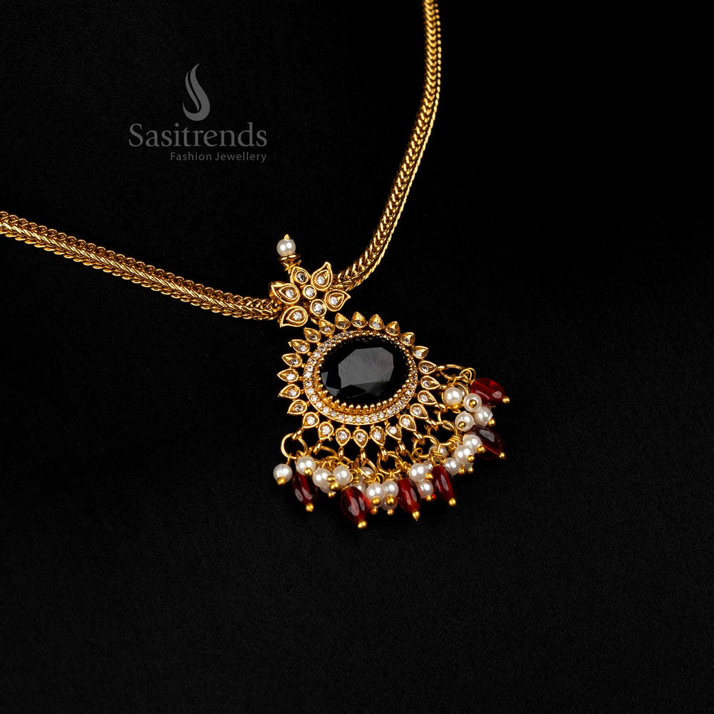 Oval matte gold necklace with Green Red Pearl AD stones, pearls, and glass beads - Sasitrends
