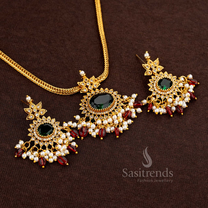 Oval matte gold necklace with Green Red Pearl AD stones, pearls, and glass beads - Sasitrends
