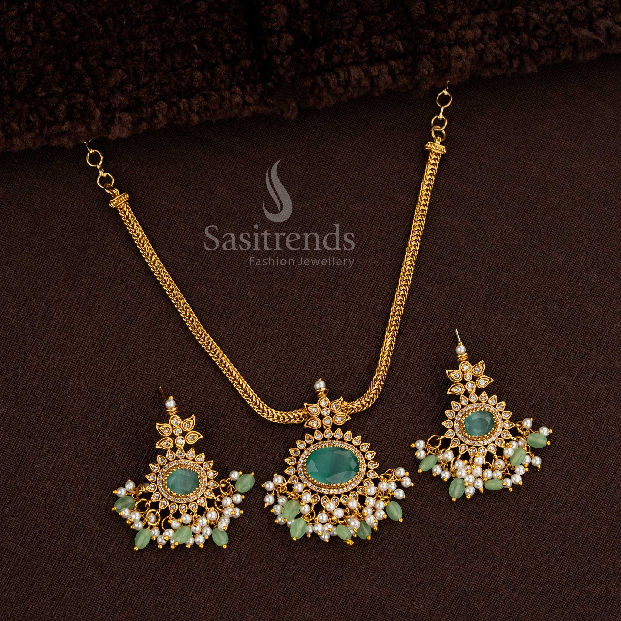 Oval matte gold Mint necklace with AD stones, pearls, and glass beads
 - Sasitrends